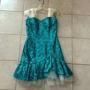 Cocktail Dress sequined. Turquoise. Mesh straps & frothy lower ruffle. Gorgeous.